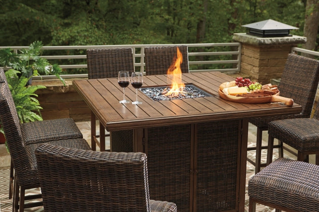 Paradise Trail Bar Height 9-Piece Fire Table Outdoor Dining Set